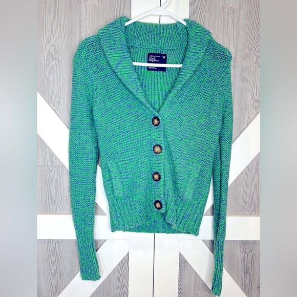 B11.08 American Eagle Wilderness Chunky Sweater Wool Rabbit Hair Blue Green S - Picture 1 of 9